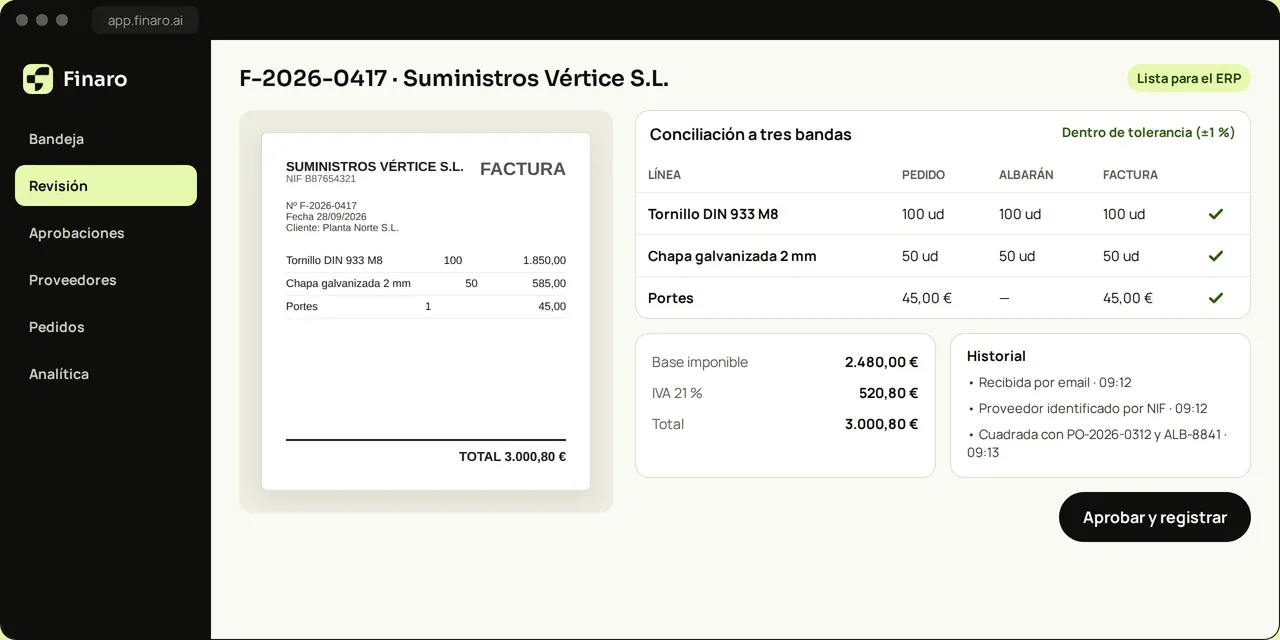Pantalla de conciliación a tres bandas de Finaro: factura, pedido y albarán cuadrados línea a línea